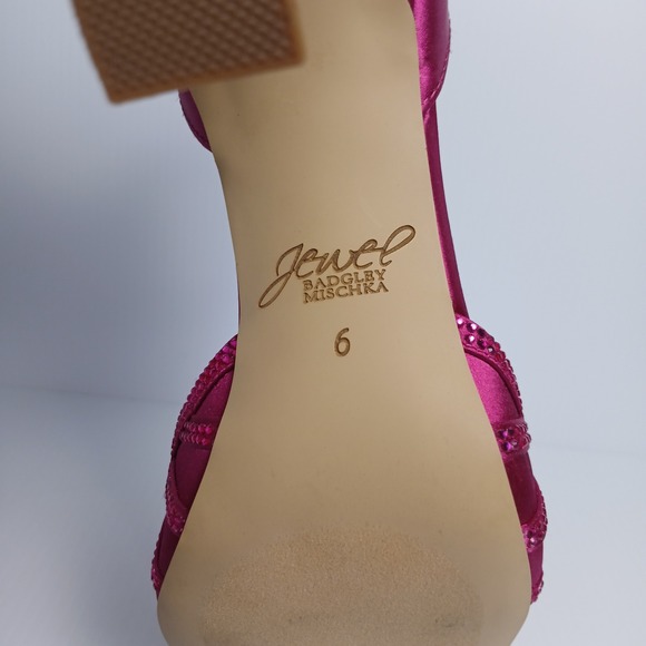 Jewel Badgley Mischka Mayra Fuchsia Pink Satin Crystal T-Strap Pumps Womens 6 - Picture 10 of 12